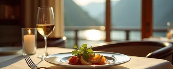 Table de restaurant gastronomique avec assiette raffinée, verres de vin et lac d'Annecy en arrière-plan flou