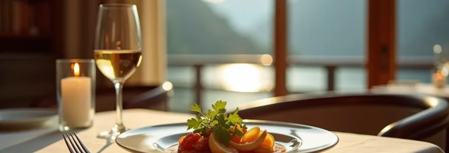 Table de restaurant gastronomique avec assiette raffinée, verres de vin et lac d'Annecy en arrière-plan flou