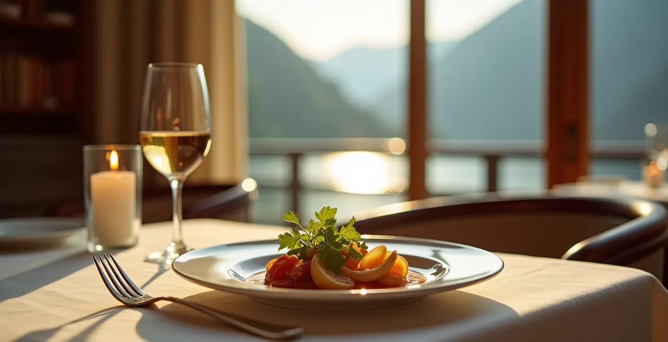 Table de restaurant gastronomique avec assiette raffinée, verres de vin et lac d'Annecy en arrière-plan flou
