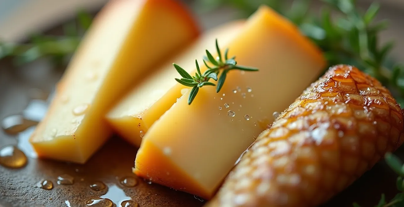 Détail en gros plan de produits du terroir: féra de lac, reblochon, fromage tomme avec textures fines et matières authentiques