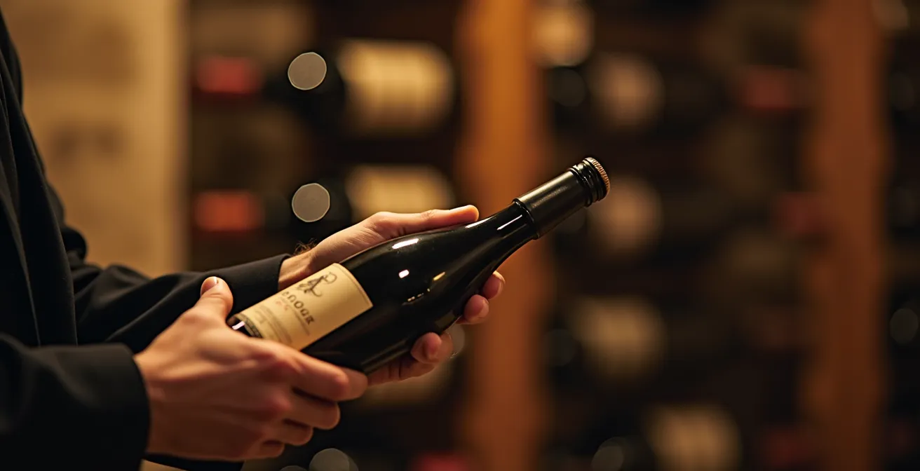 Sommelier examinant une bouteille de vin de Savoie devant des caves remplies de bouteilles anciennes, gestes précis et concentration