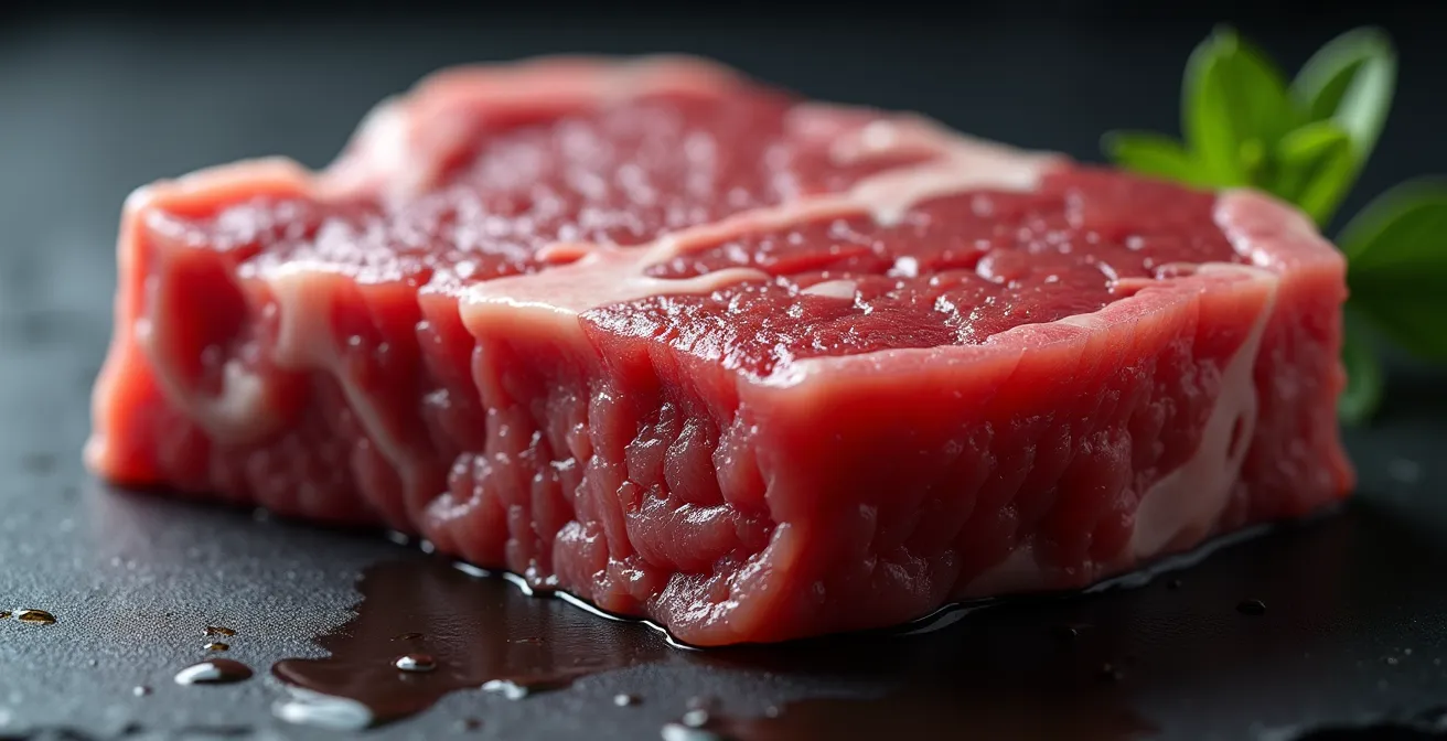 Détail macro d'une viande marbrée de haute qualité montrant la texture et le persillage