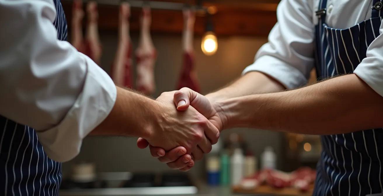 Poignée de main professionnelle entre deux personnes dans un environnement de boucherie
