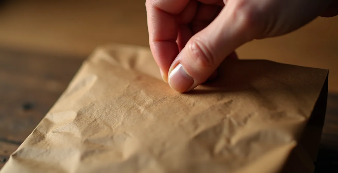 Main touchant la texture d'un sac en papier kraft naturel