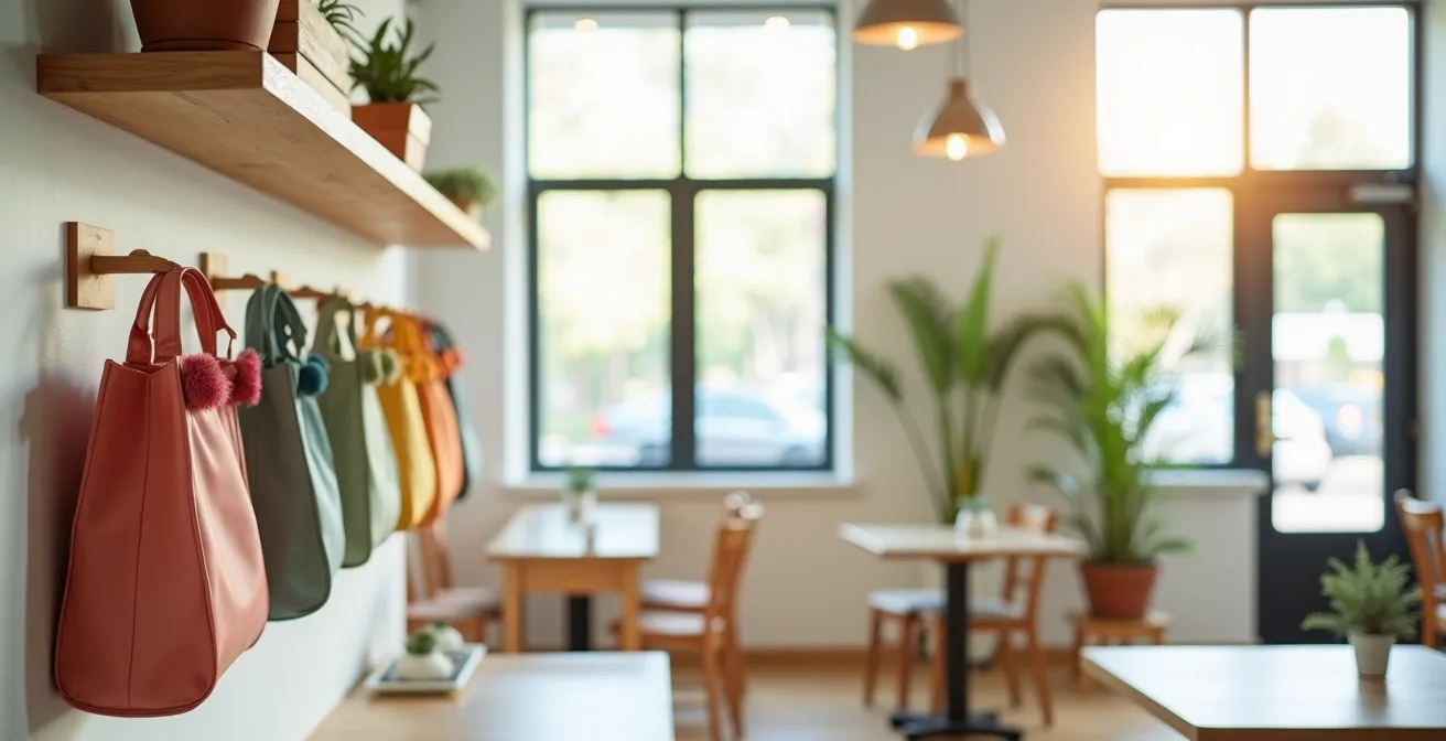 Intérieur de restaurant moderne avec collection de sacs réutilisables colorés