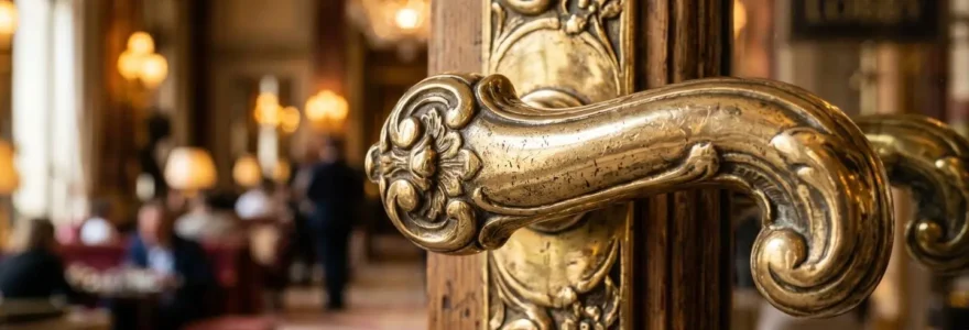 Gros plan sur une poignée de porte en laiton ancien avec patine dorée dans un hôtel parisien élégant