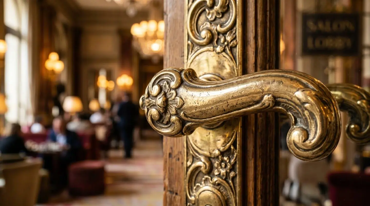 Gros plan sur une poignée de porte en laiton ancien avec patine dorée dans un hôtel parisien élégant