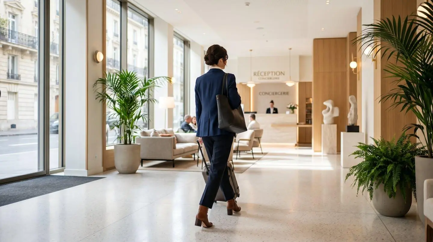 Une femme de dos en tailleur marchant vers la réception d'un hôtel parisien élégant avec lumière naturelle abondante