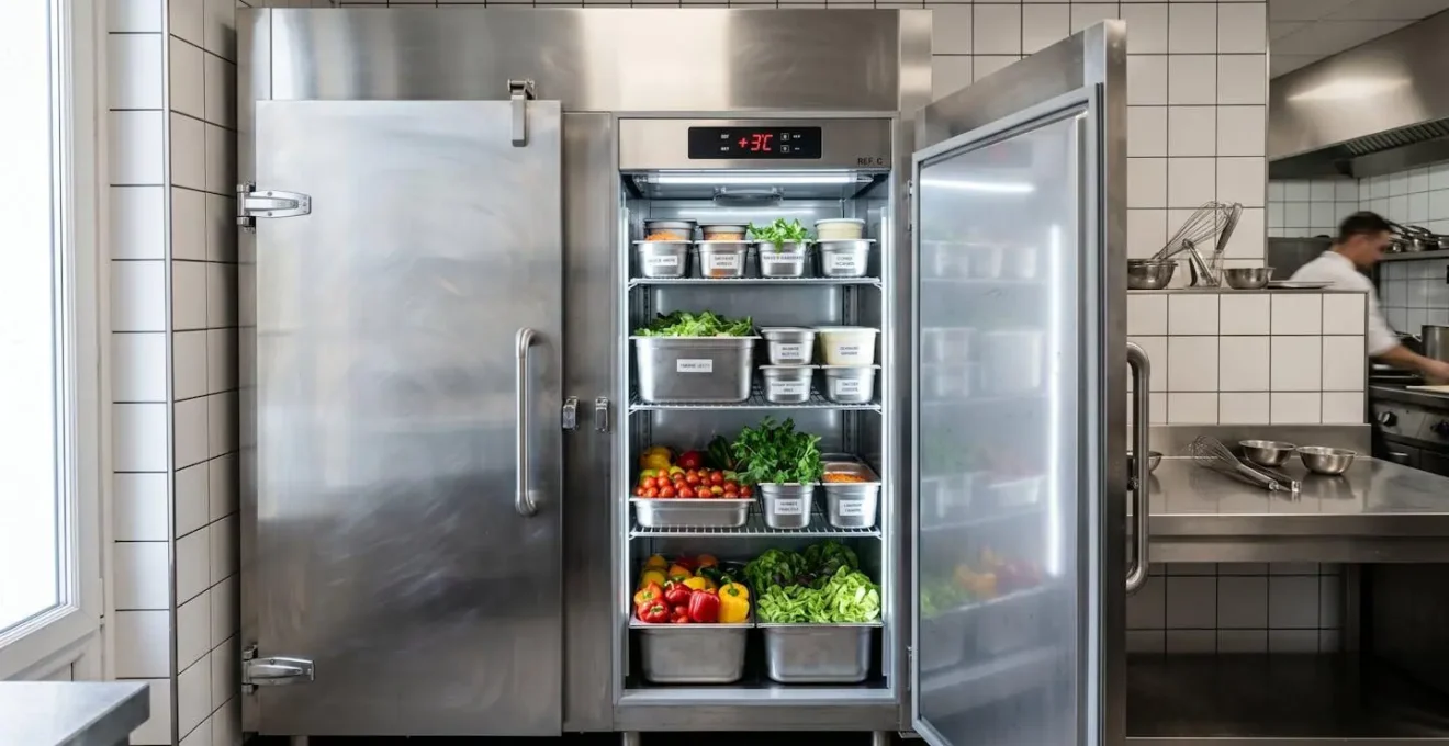 Armoire réfrigérée professionnelle double porte en inox avec porte ouverte montrant clayettes, bacs gastronormes de légumes étiquetés et thermomètre affichant 3°C, dans cuisine professionnelle carrelée