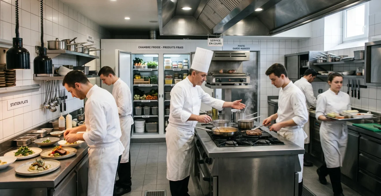 Cuisine professionnelle de restaurant en activité avec chef coordonnant l'équipe devant un piano de cuisson, armoire réfrigérée ouverte en arrière-plan et zone de dressage, sols et murs carrelés, éclairage mixte naturel et artificiel
