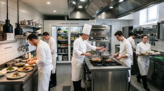 Cuisine professionnelle de restaurant en activité avec chef coordonnant l'équipe devant un piano de cuisson, armoire réfrigérée ouverte en arrière-plan et zone de dressage, sols et murs carrelés, éclairage mixte naturel et artificiel