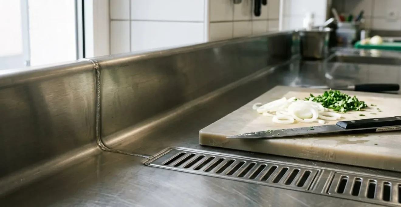 Gros plan sur plan de travail et crédence en inox brossé avec jonction soudée, bord arrondi hygiénique, grille d'évacuation, planche à découper et légumes en préparation, reflets révélant la texture du matériau