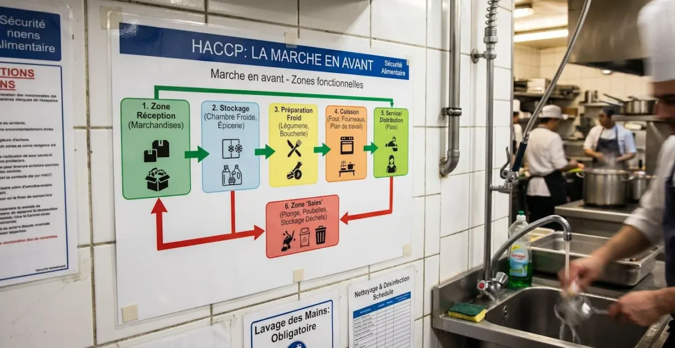 Panneau HACCP mural 'Marche en avant' avec zones fonctionnelles colorées et flèches directionnelles dans cuisine professionnelle, mur carrelé blanc avec lavabo inox visible