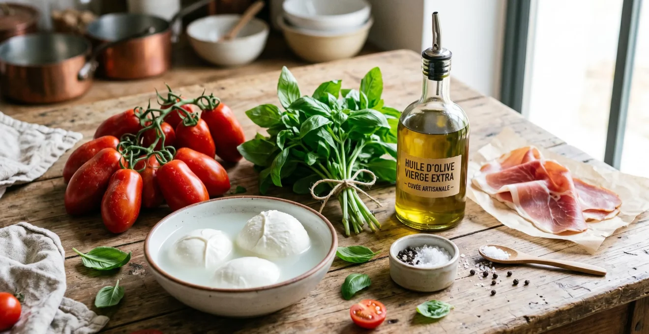 Composition d'ingrédients italiens premium pour pizza gourmet : mozzarella di bufala, tomates San Marzano, basilic frais, huile d'olive extra vierge sur surface en bois