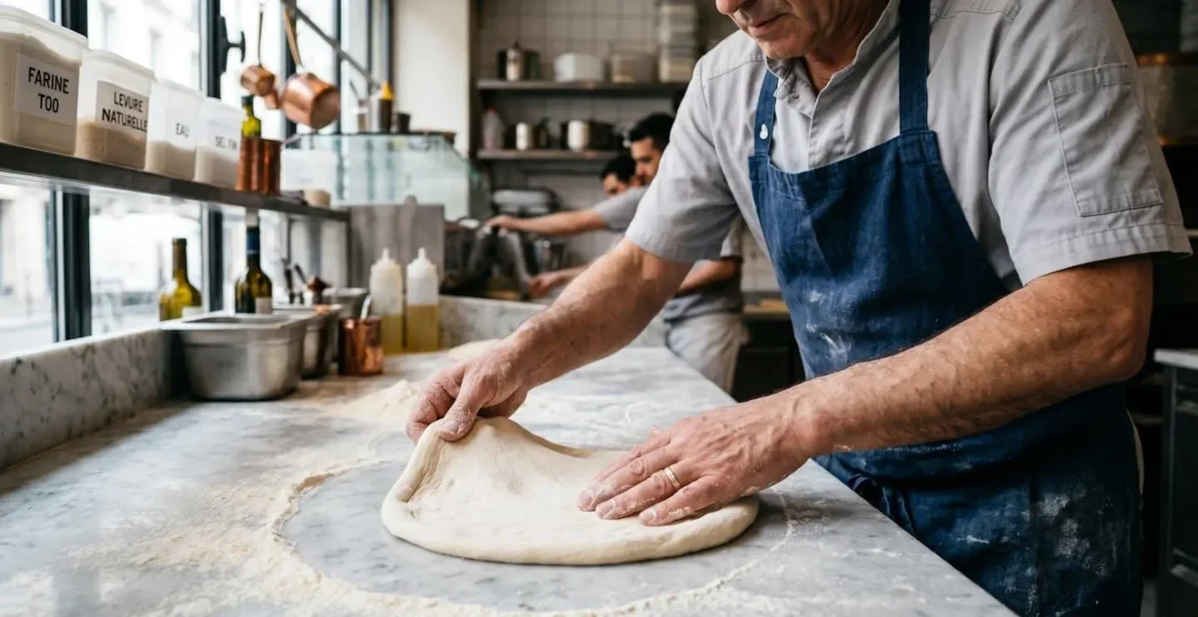 Mains de pizzaiolo pétrissant et façonnant manuellement la pâte à pizza sur plan de travail en marbre fariné dans une cuisine de pizzeria artisanale